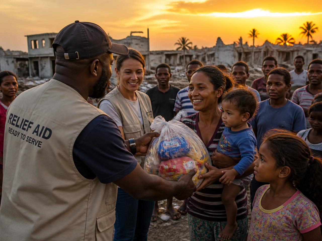 Aid worker distributing food supplies to a family