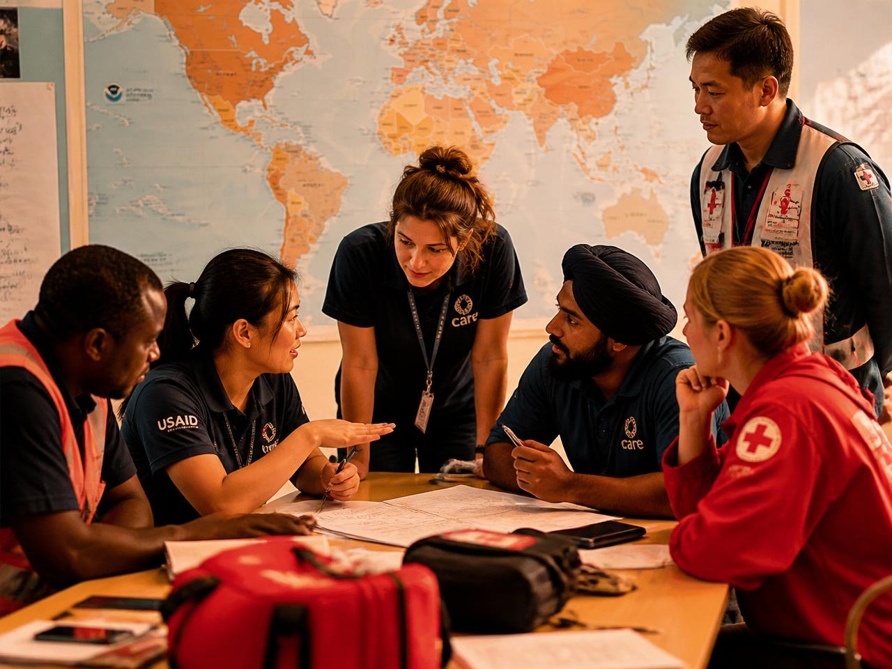 International humanitarian team coordinating relief efforts